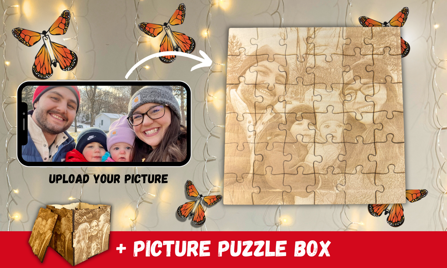 WOODEN PUZZLE + PICTURE BOX | PERSONALIZED | EXPLODING BUTTERFLIES