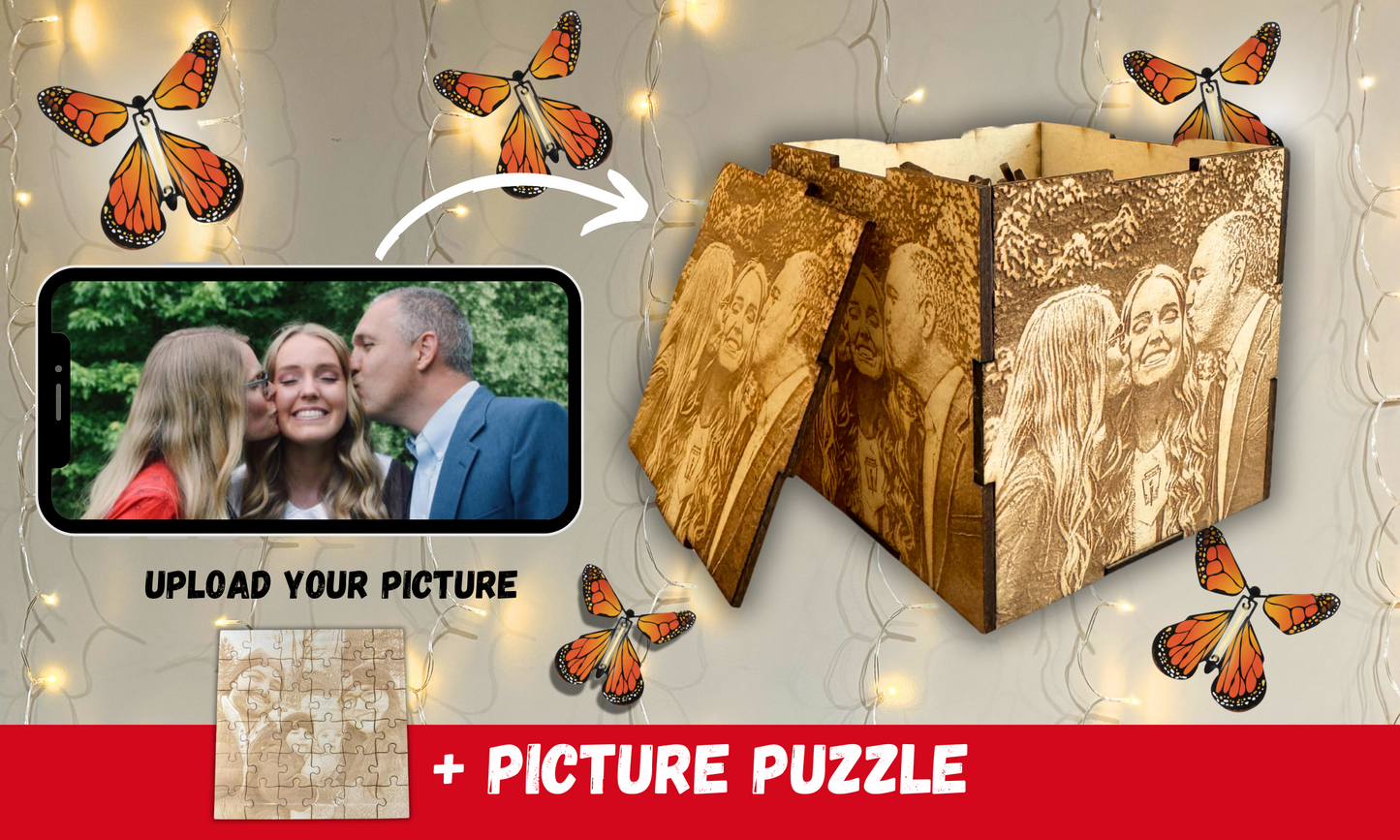 WOODEN PUZZLE + PICTURE BOX | PERSONALIZED | EXPLODING BUTTERFLIES