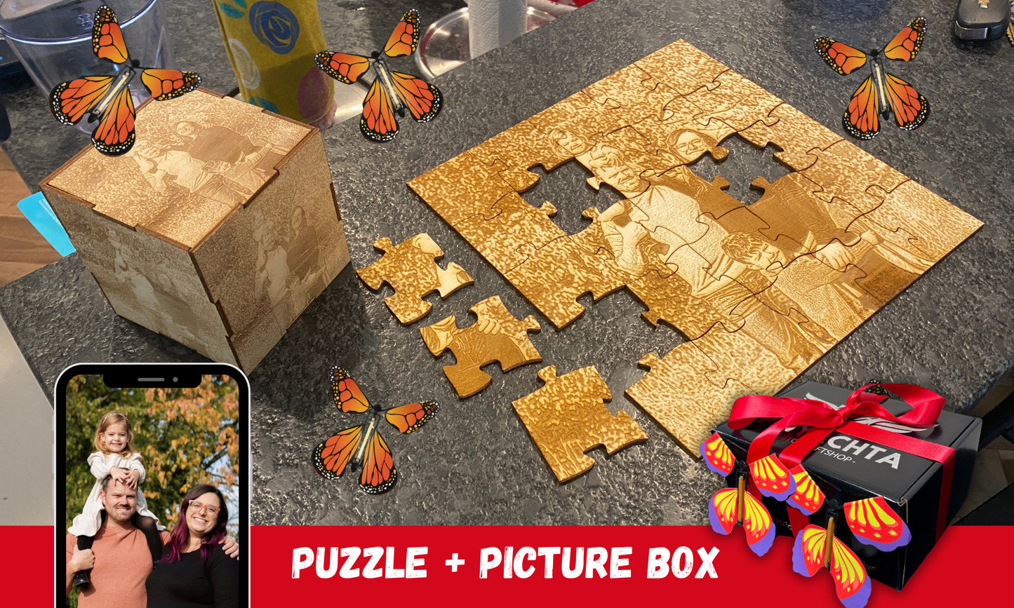 WOODEN PUZZLE + PICTURE BOX | PERSONALIZED | EXPLODING BUTTERFLIES