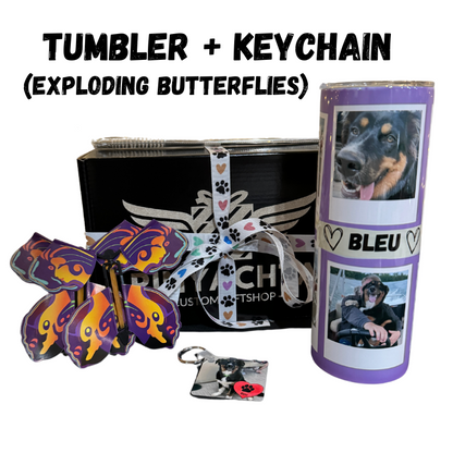 Personalized Multi-Photo Tumbler + Keychain | Exploding Butterflies Bundle