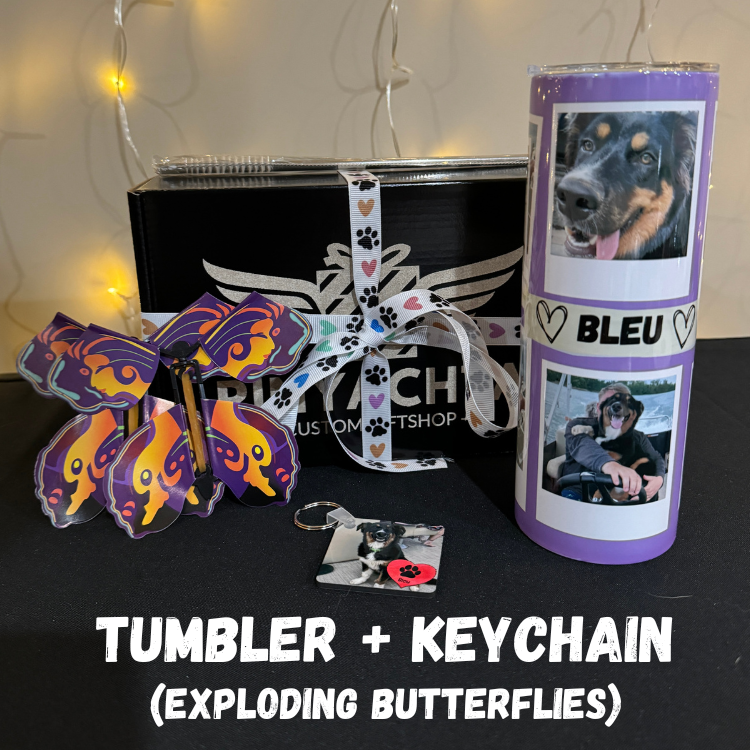 Personalized Multi-Photo Tumbler + Keychain | Exploding Butterflies Bundle